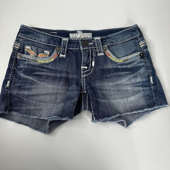 Big Star Shorts Womens 24 Blue Denim Jean MulticolorNeon Embroidered Distressed - Picture 7 of 14